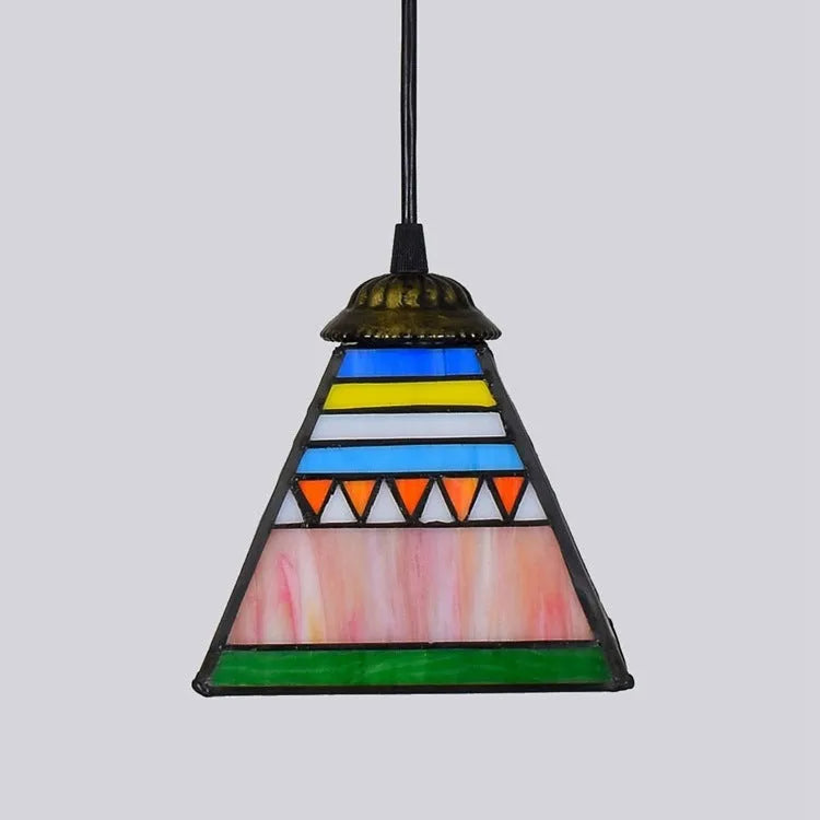 Stained glass ceiling pendant light with coloured glass shade measuring 15cm diameter