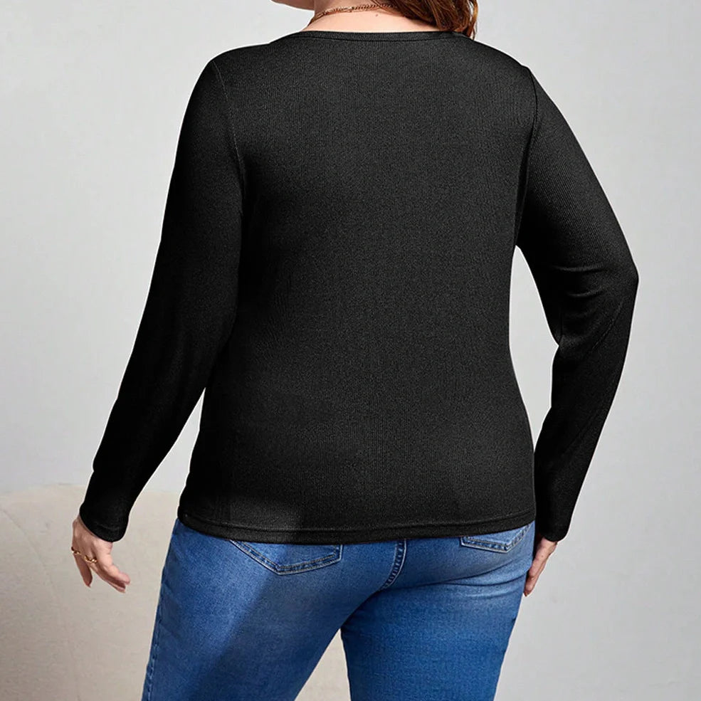 Black women's long-sleeved top with hollow-out design detail, slim fit with 3D cutting