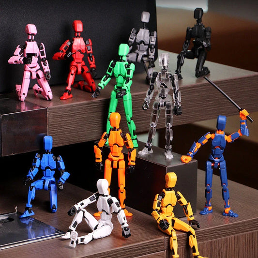 Customizable 3D printed multi-jointed action figure robot toy in various vibrant colors