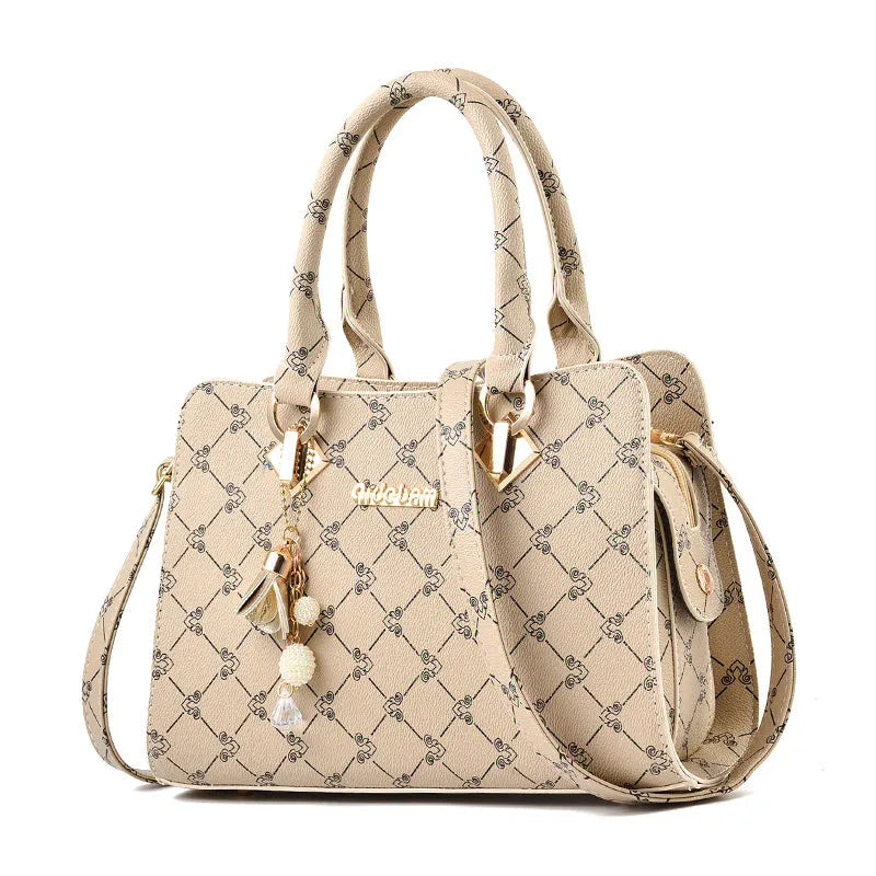Women's geometric print PU leather messenger bag showing internal card slot, phone pocket, and document bag compartments.