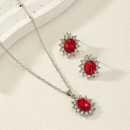 Sunflower zircon necklace and earring set in alloy with electroplated finish showing ellipse-shaped design