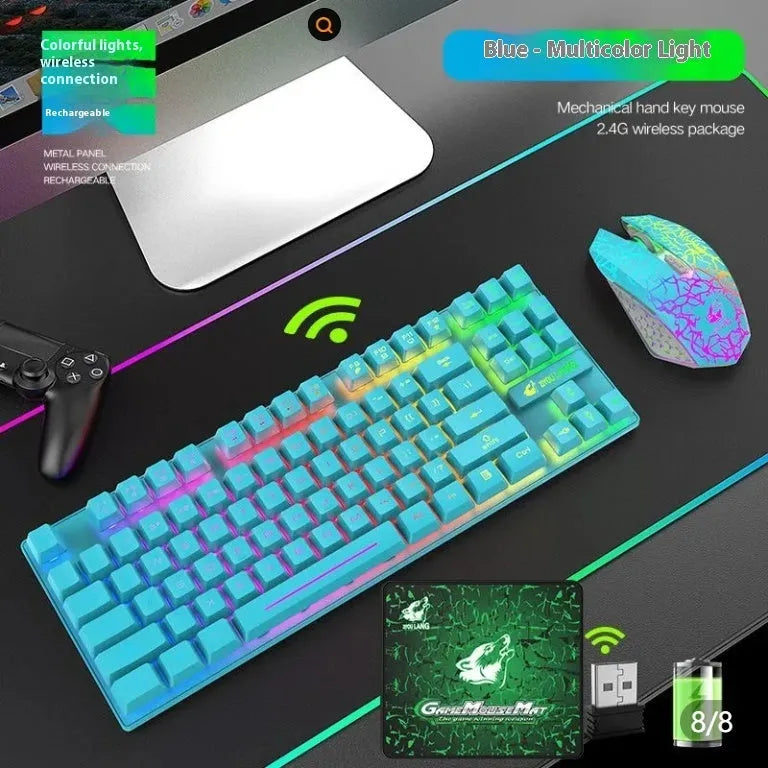 T3 wireless keyboard and mouse set with backlight on a desk, showing black chassis with orange lighting.