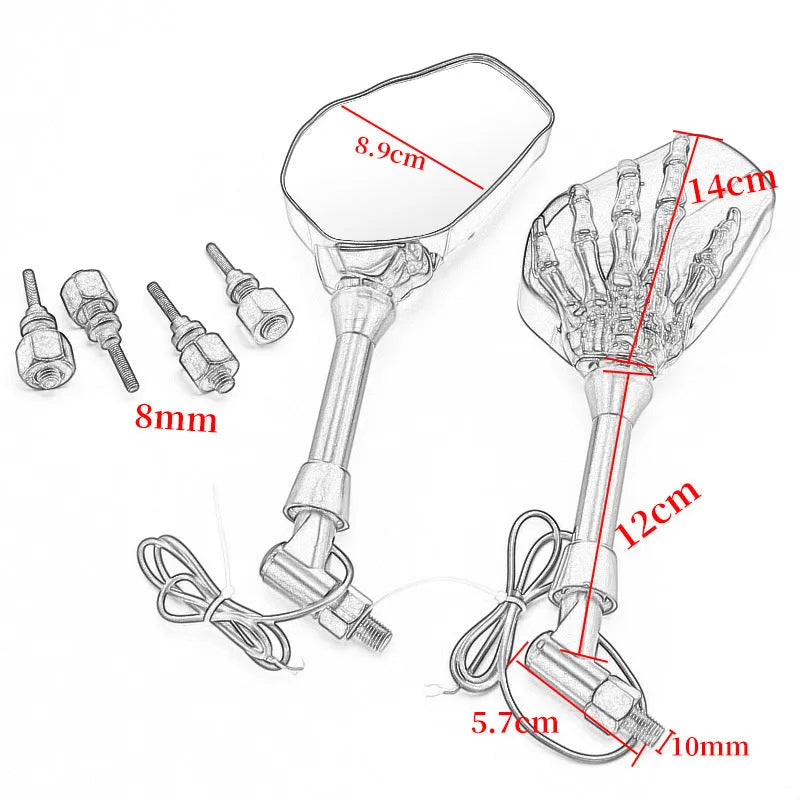 Black motorcycle rearview mirror pair with skull hand ghost claw design, LED reflector, 140mm by 89mm