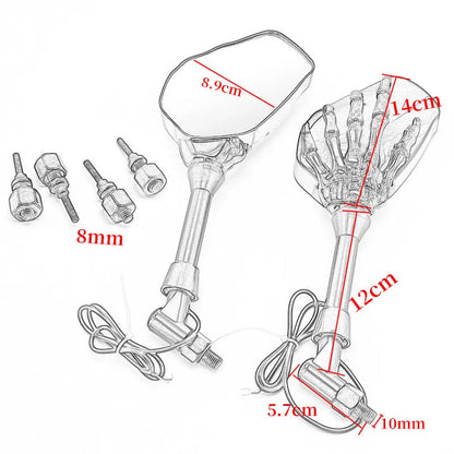 Black motorcycle rearview mirror pair with skull hand ghost claw design, LED reflector, 140mm by 89mm