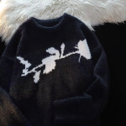 Men's black cotton fleece jumper with flocked horse design on front, long sleeve pullover style