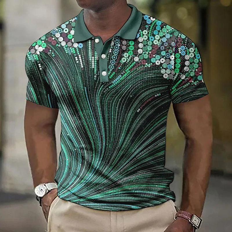 Men's geometric striped button shirt with asymmetric design and short sleeves
