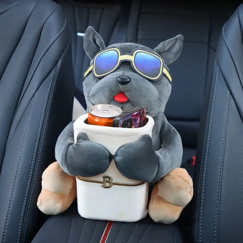 Plush fabric car tissue box organiser hanging from car armrest with flip-top design