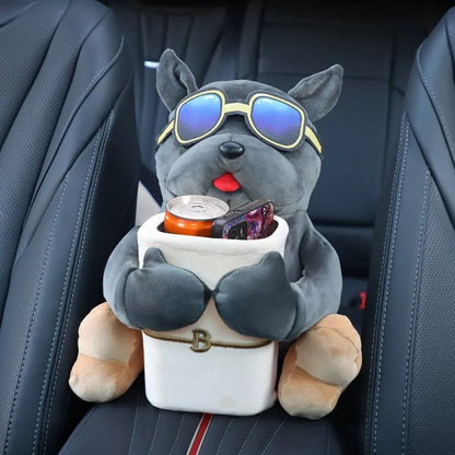 Plush fabric car tissue box organiser hanging from car armrest with flip-top design