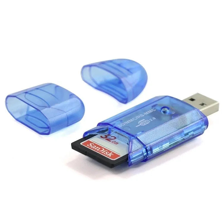 Transparent USB card reader with LED options, measuring 7.5x2.9x1.1 inches, includes card holder and bag