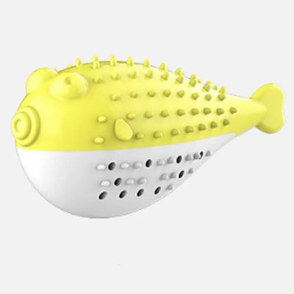 Mint Toys blue silicone fish-shaped cat chew toy on a wooden floor.