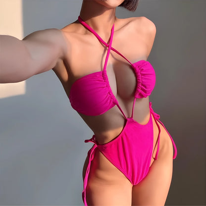 Women's black one-piece drawstring swimsuit in a briefs style on a mannequin.