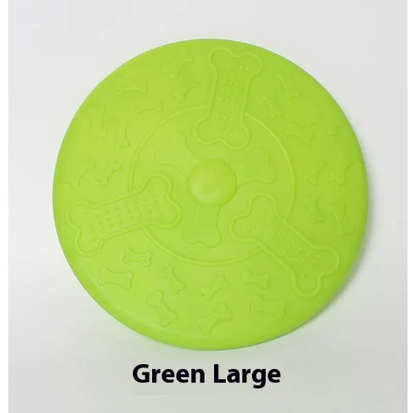 Plastic rubber Frisbee dog toy in green, large size, for outdoor fetch.
