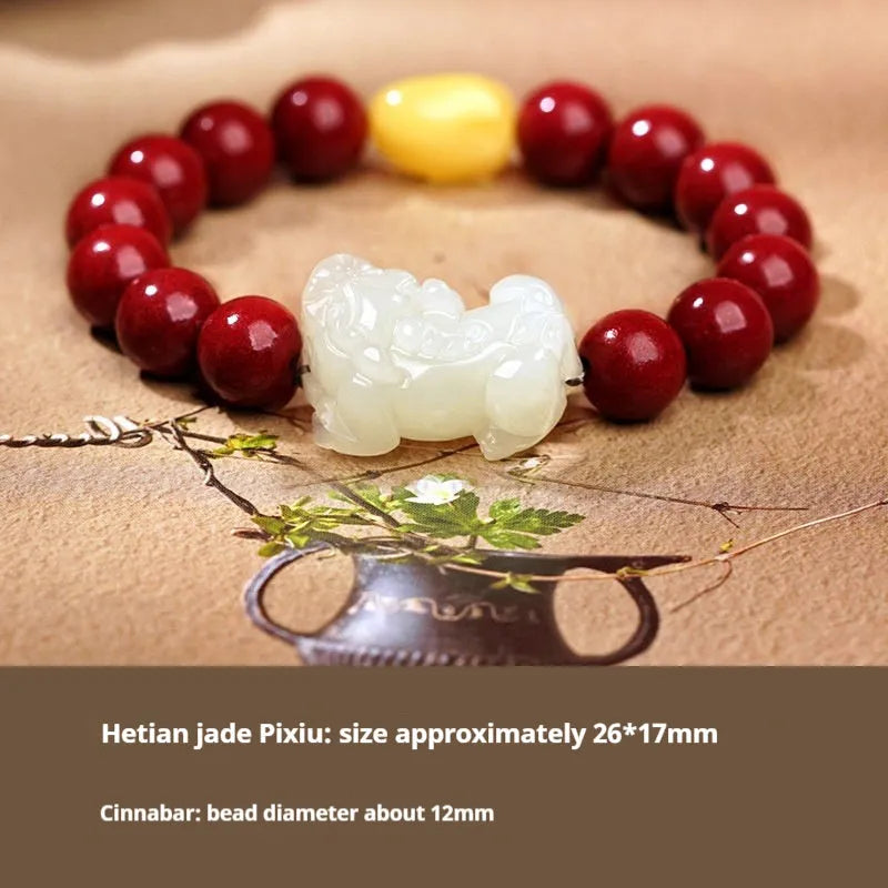 Hetian jade bracelet with black and red adjustable ropes in traditional Chinese design