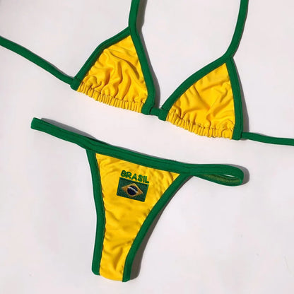 Women's yellow polyester bikini set with T-back bra and matching shorts on a mannequin