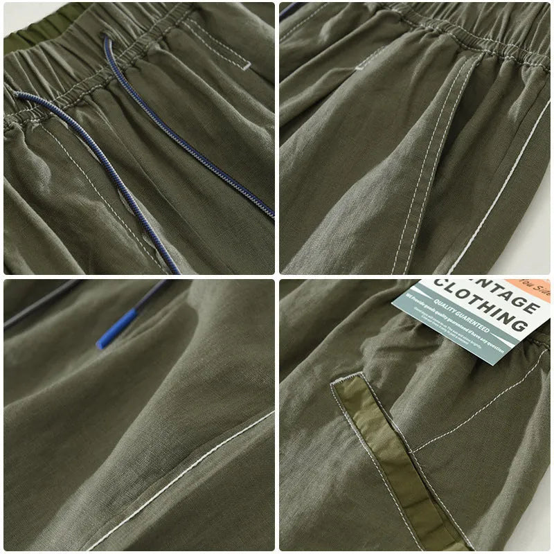 Men's linen shorts in loose straight drooping style with drawstring waist in green colour