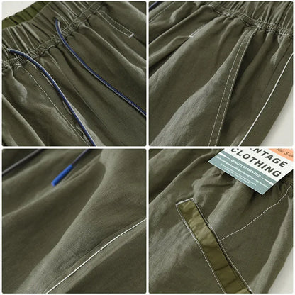 Men's linen shorts in loose straight drooping style with drawstring waist in green colour