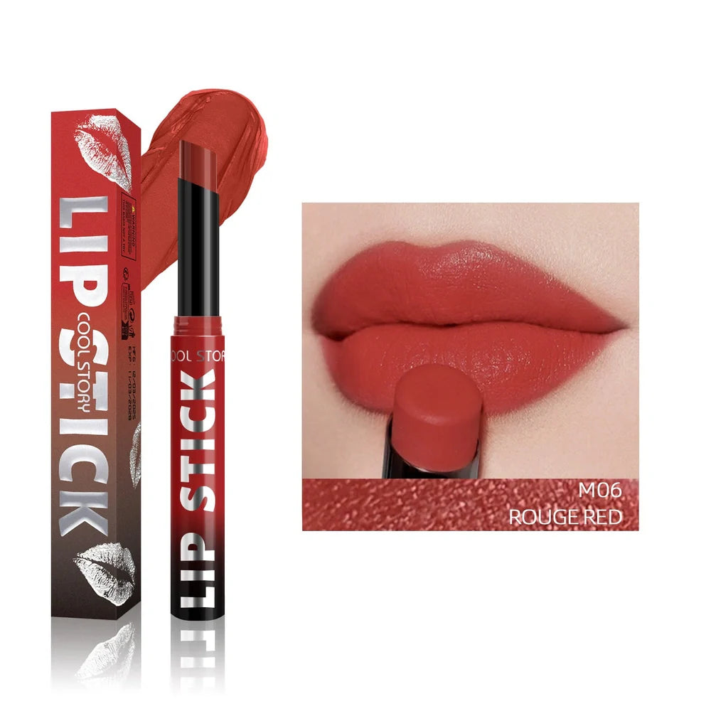 Dual-use lipstick and lip gloss stick showing eight shade options from nude to berry colours