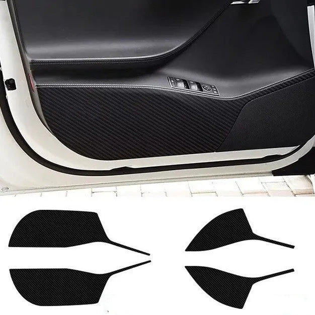 Carbon fibre protective film for Tesla Model S car doors showing four-piece set for front and rear door coverage
