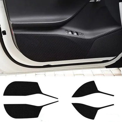 Carbon fibre protective film for Tesla Model S car doors showing four-piece set for front and rear door coverage