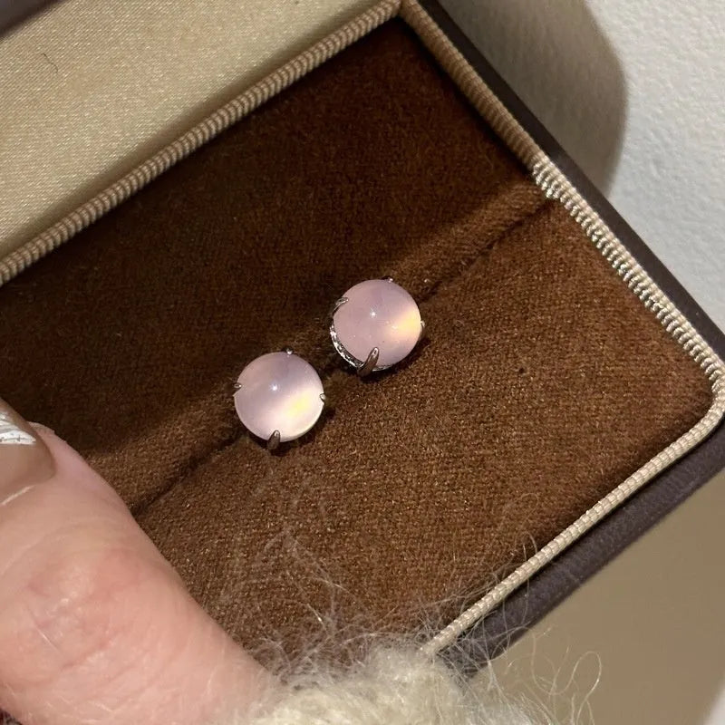 Chinese style chalcedony stud earrings with four-claw setting in emerald green, pink purple and milk white colours