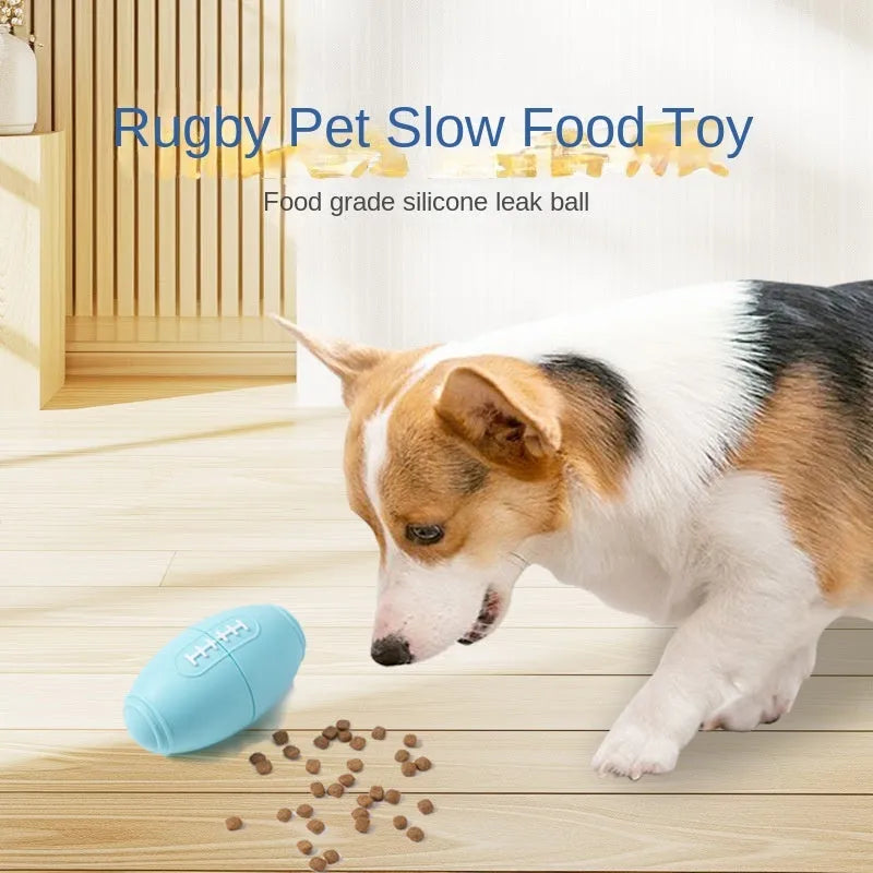 Blue silicone rugby ball dog toy with ridges and hollow centre for treats