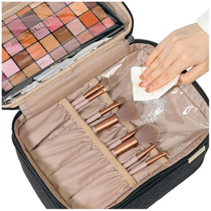 Portable double layer cosmetics bag in peach fabric leather with polyester lining, shown in black or pink