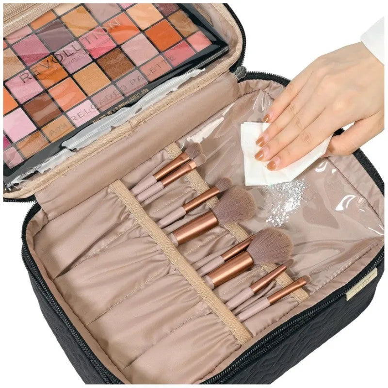 Portable Double Layer Cosmetics Bag in Peach Fabric Leather with Polyester Lining, Breathable Waterproof Travel Toiletry Bag for Home Storage, Black or Pink