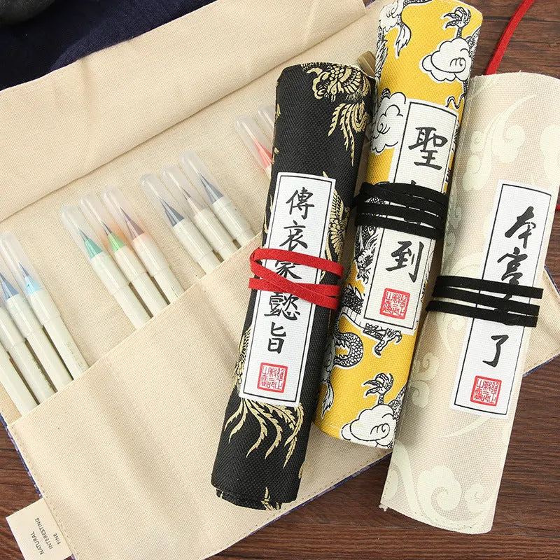 Student court style fabric pencil case in Oxford cloth, measuring 28.5mm wide by 200mm long, plain pattern pen case for school, office, or travel organisation in black, blue, light yellow, or yellow