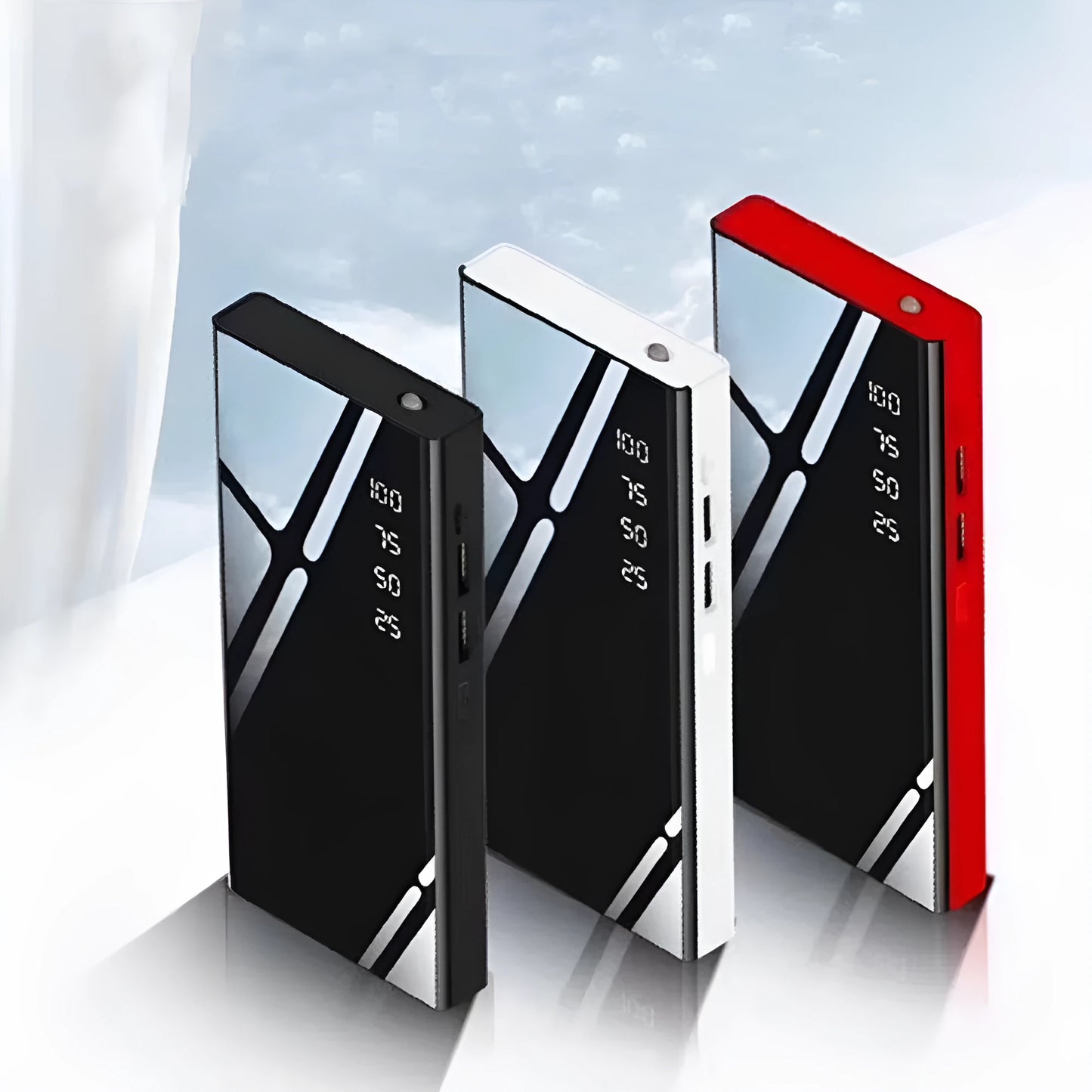 20000mAh power bank with LCD display showing battery percentage, measuring 140mm x 63mm x 22mm