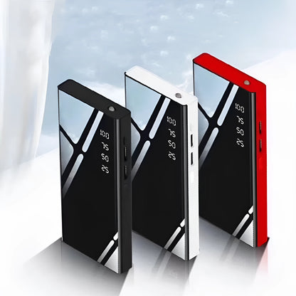 20000mAh power bank with LCD display showing battery percentage, measuring 140mm x 63mm x 22mm