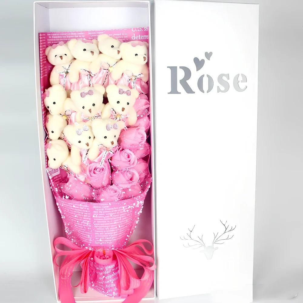 Handmade Valentine's bouquet of 11 cartoon bears 15 cm tall with 11 chiffon roses 10-12 cm in rose gift box, colour options available