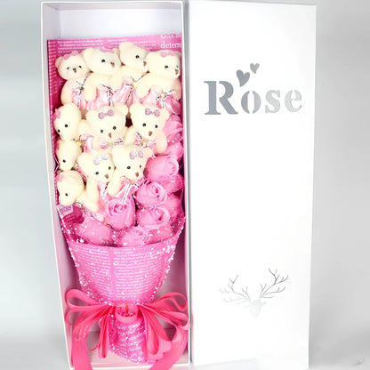 Handmade Valentine's bouquet of 11 cartoon bears 15 cm tall with 11 chiffon roses 10-12 cm in rose gift box, colour options available