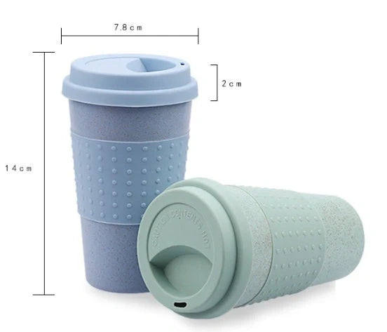 Eco-friendly wheat straw silicone coffee cup with lid in green, pink, and blue
