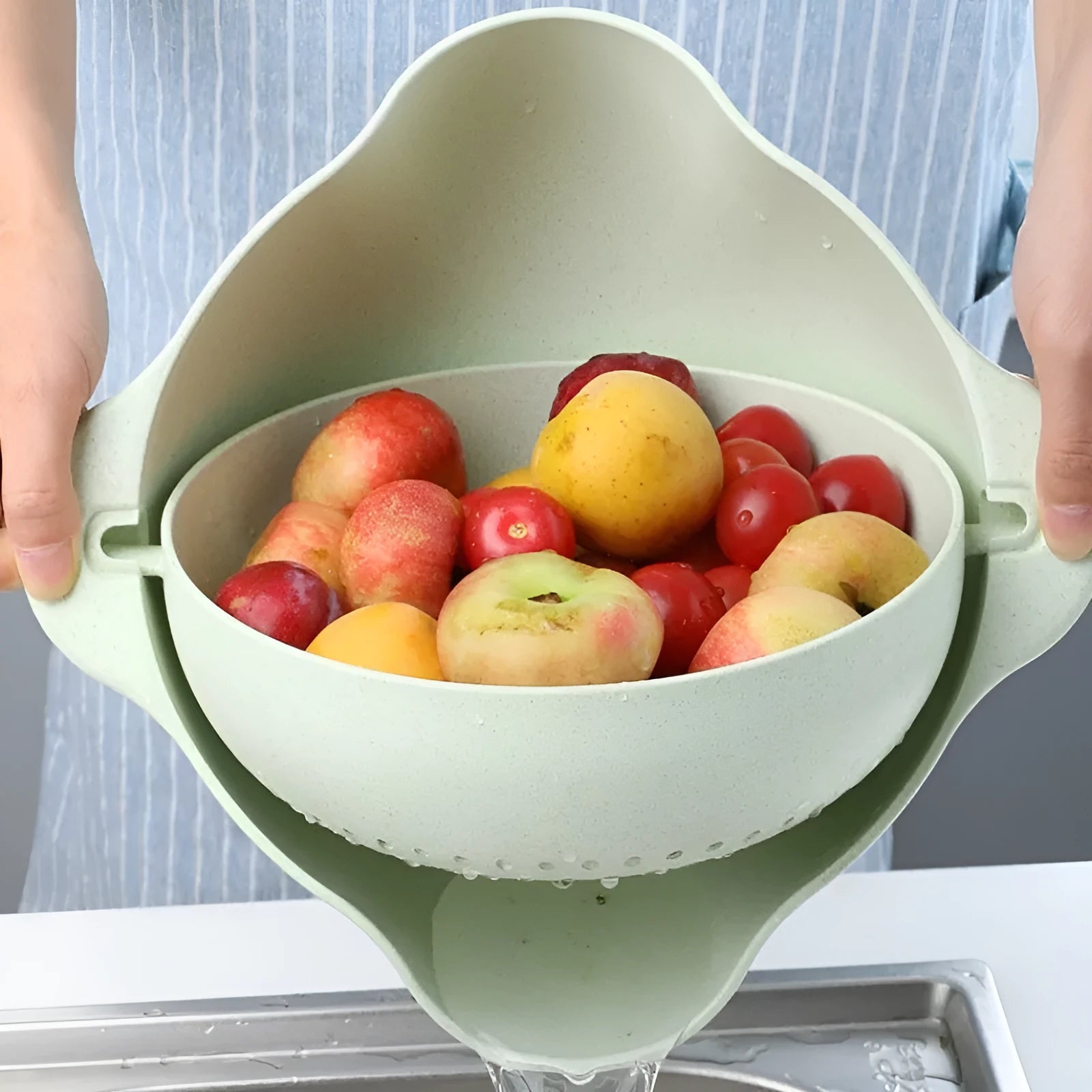 Blue double-deck plastic kitchen basket for washing rice, fruits and vegetables