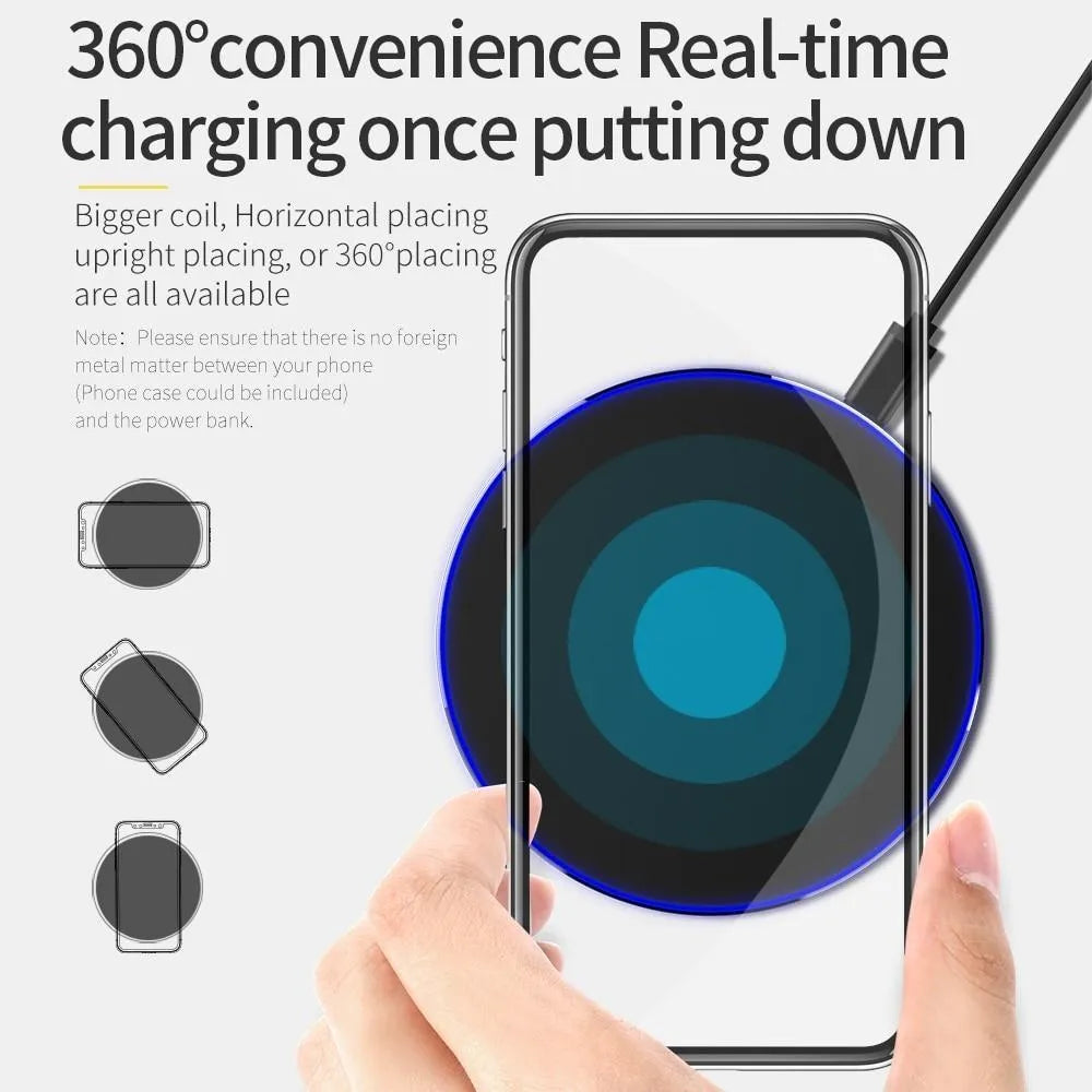 Black ultra-thin square wireless fast charging pad for phones on a desk