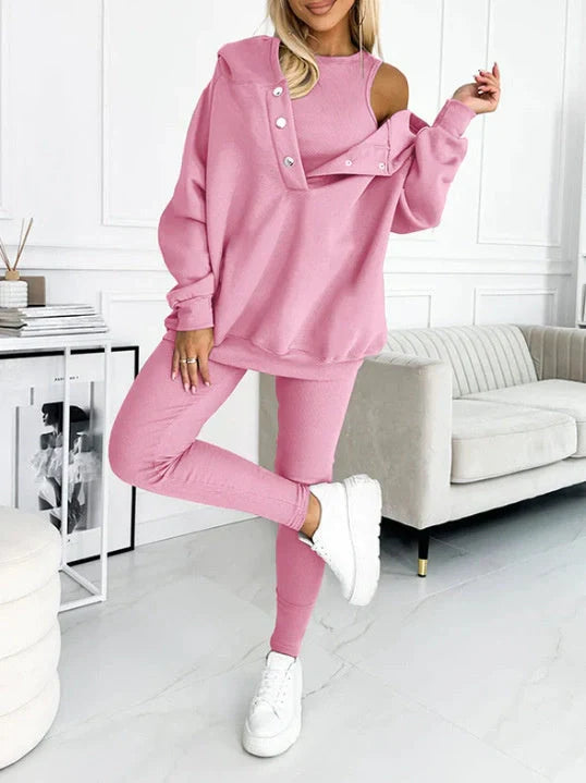 Women's 3-piece sports suit with hooded sweatshirt, vest, and slim trousers in various colours