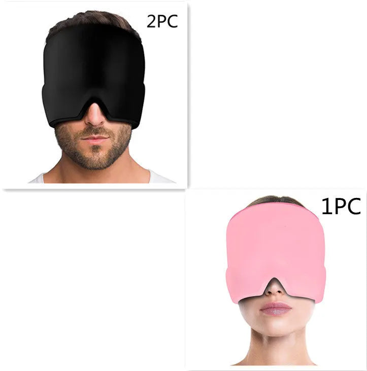 Black elastic cloth gel cold compress eye mask for headache relief on a grey background.