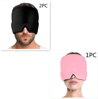 Black elastic cloth gel cold compress eye mask for headache relief on a grey background.