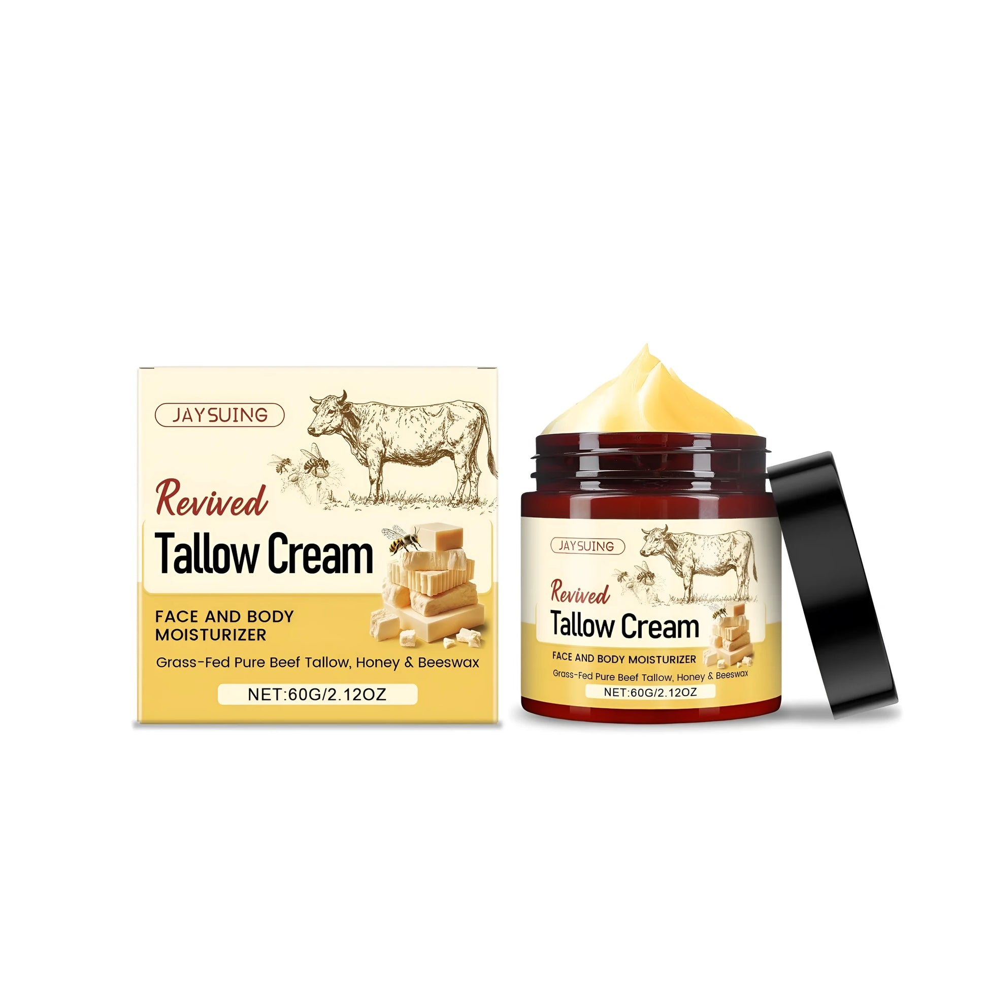 60g jar of Revived Tallow Cream with honey, beeswax, and olive oil for moisturising.