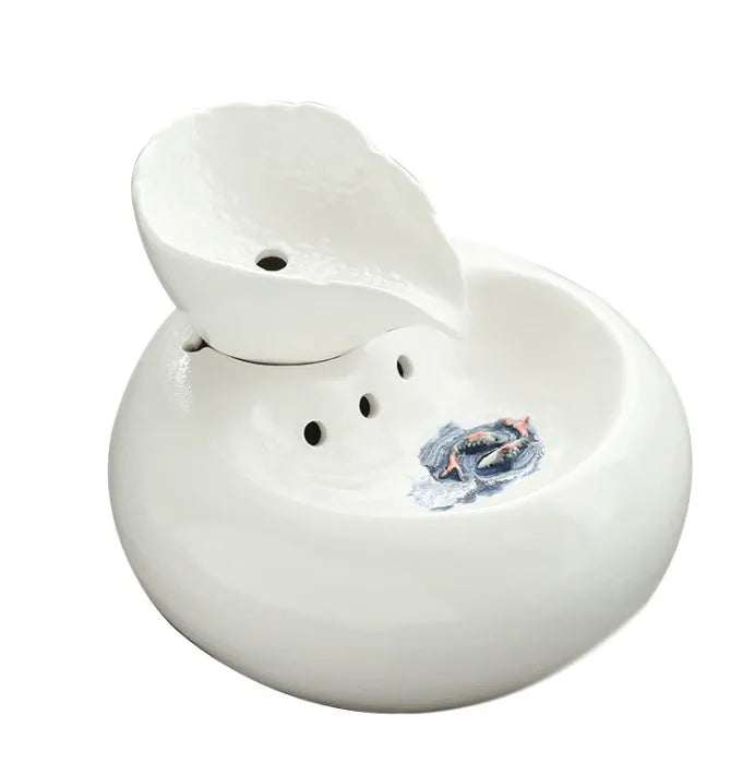 Ceramic automatic cat water dispenser with leaf design in white or pink, porcelain pet fountain with EU or US plug