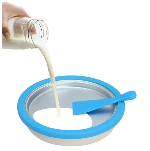 Blue manual fried yogurt ice cream maker with ice tray and serving shovels