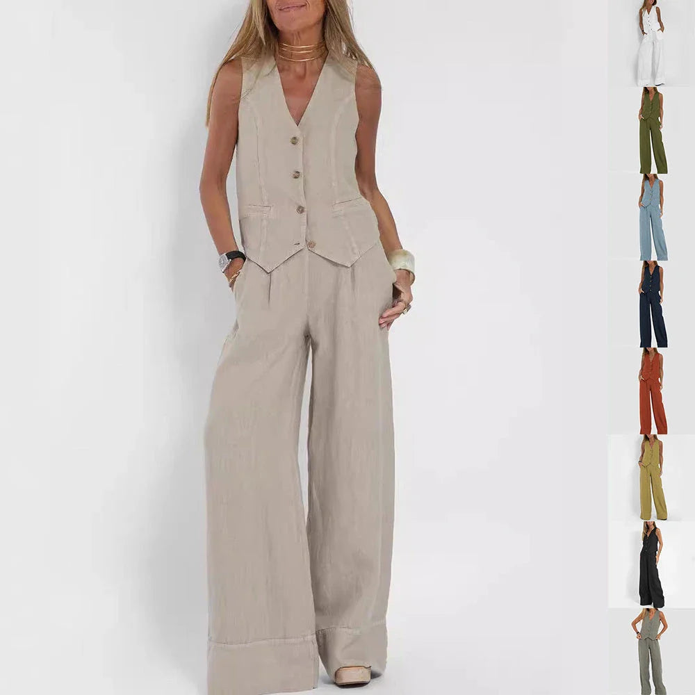 Chic sleeveless top and relaxed trousers set for women in various colors and sizes