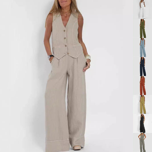 Chic sleeveless top and relaxed trousers set for women in various colors and sizes