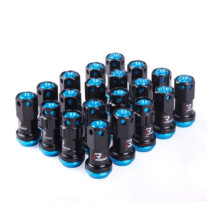 Set of aluminium alloy wheel hub nuts in various colours including red, gold, blue, purple and black combinations