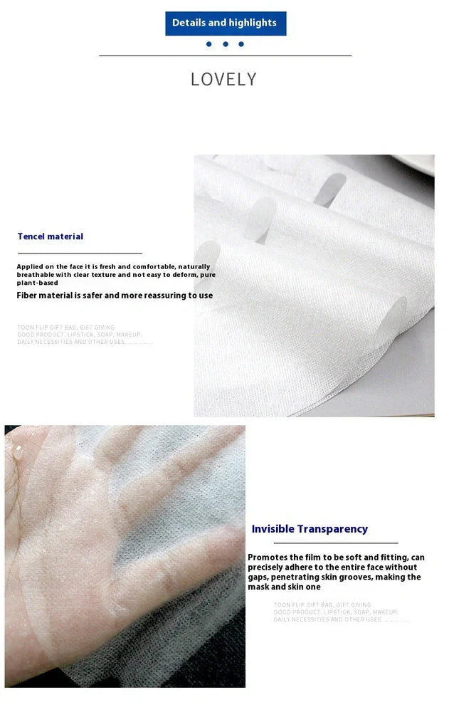 Tencel facial mask tissue sheet measuring 20cm x 25cm with invisible hydrating properties