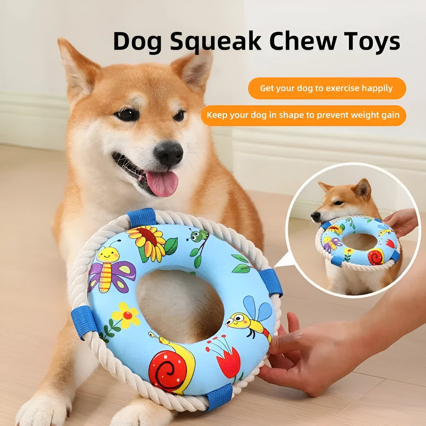 Soft plush dog pull ring toy with squeaker in yellow fish pattern