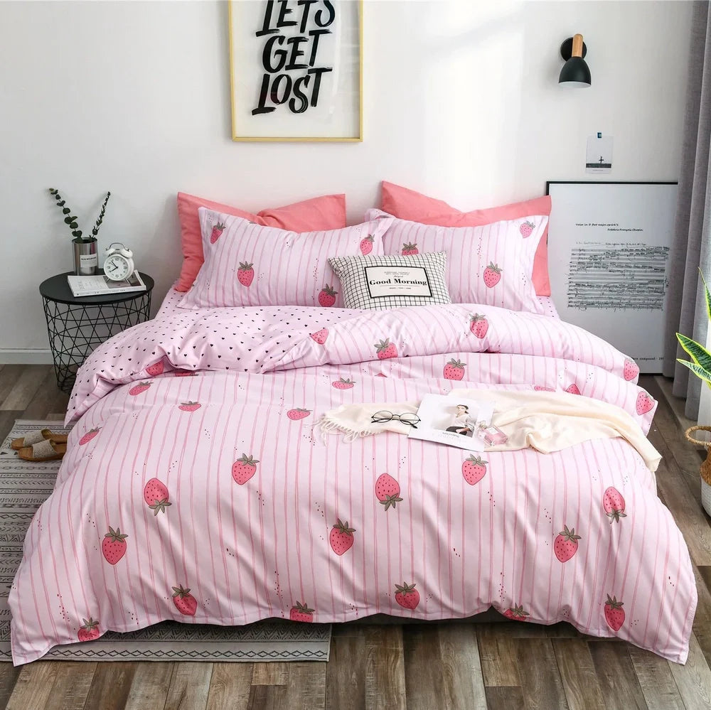 Blue cartoon series polyester bedding set with quilt 200x200cm, 2 pillowcases 50x75cm, fitted sheet for UK Double