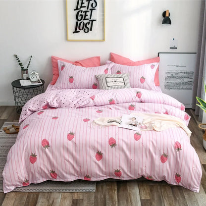 Blue cartoon series polyester bedding set with quilt 200x200cm, 2 pillowcases 50x75cm, fitted sheet for UK Double