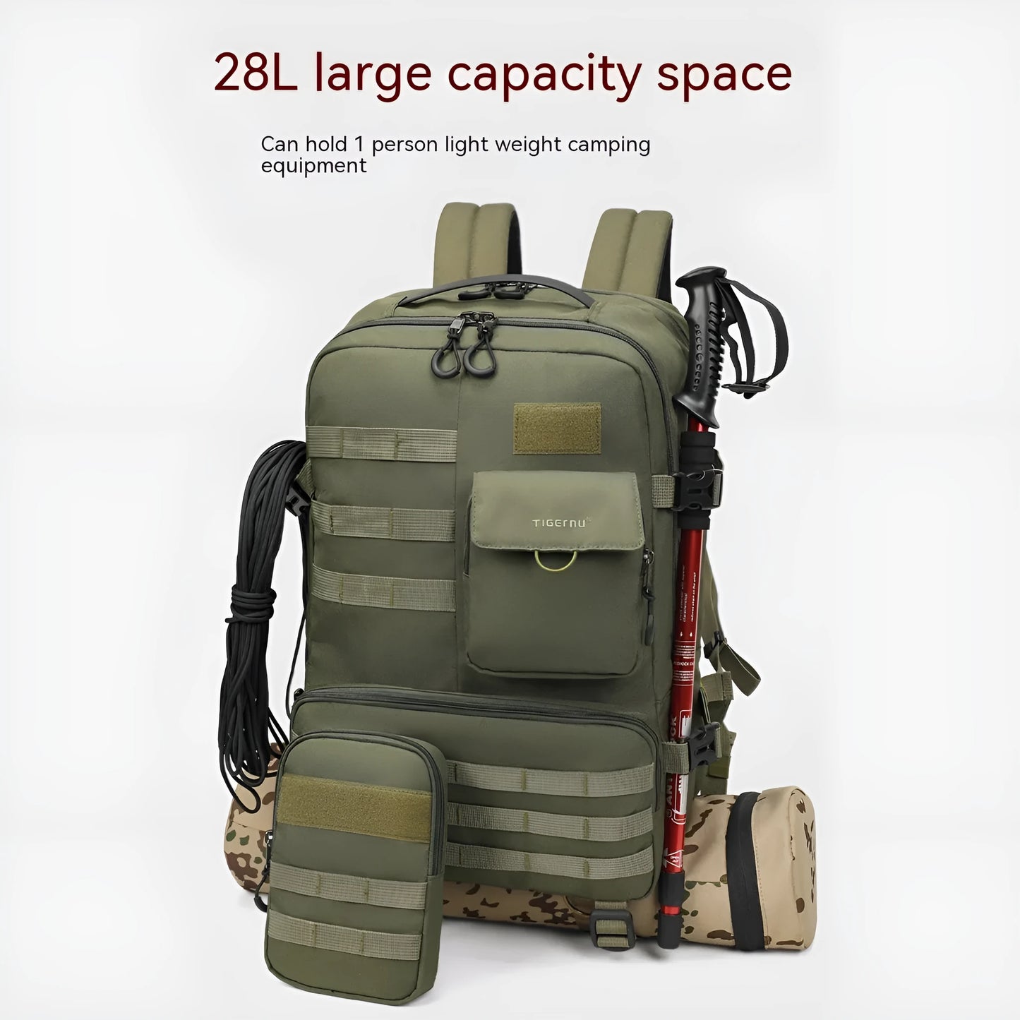 Army green tactical backpack with 17-inch frame and multiple compartments for outdoor use.
