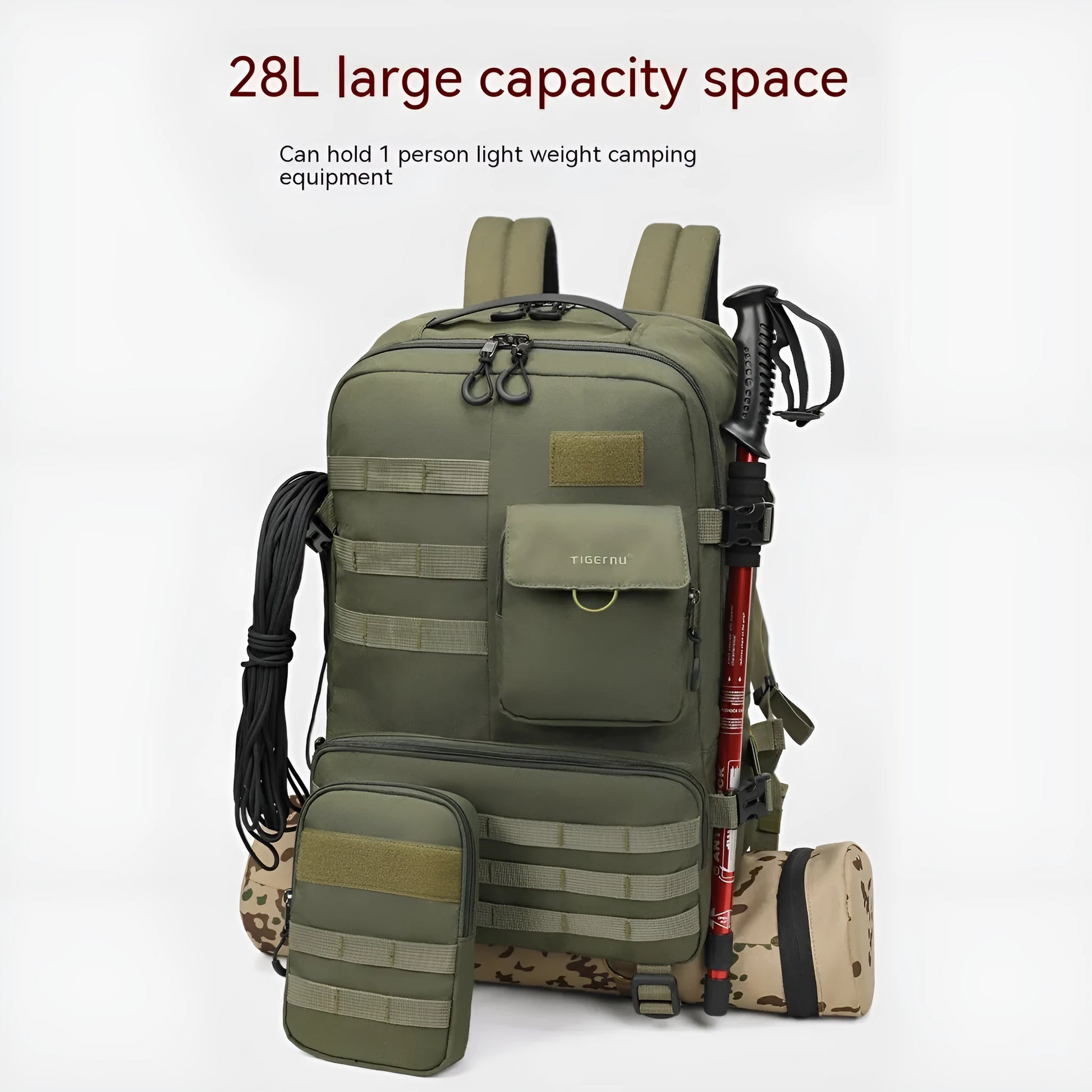 Army green tactical backpack with 17-inch frame and multiple compartments for outdoor use.